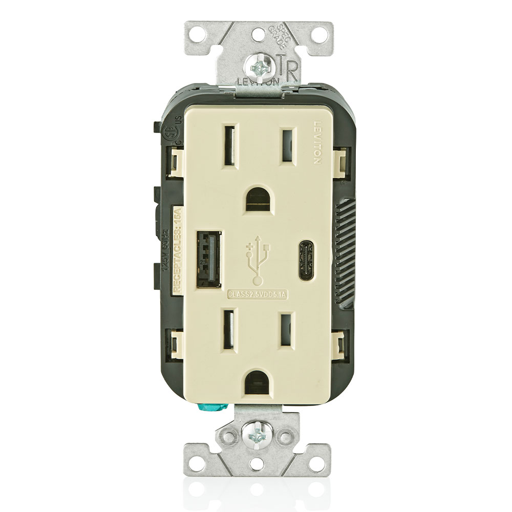Product image for 5.1A USB Type A/Type-C Wall Outlet Charger with 15A Tamper-Resistant Outlet
