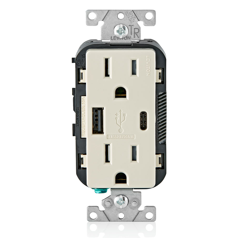 Product image for 5.1A USB Type A/Type-C Wall Outlet Charger with 15A Tamper-Resistant Outlet