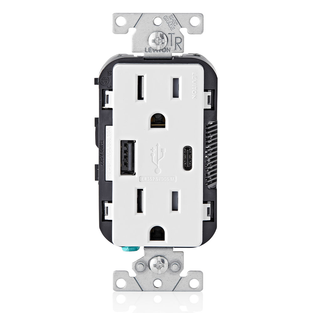 Product image for 5.1A USB Type A/Type-C Wall Outlet Charger with 15A Tamper-Resistant Outlet