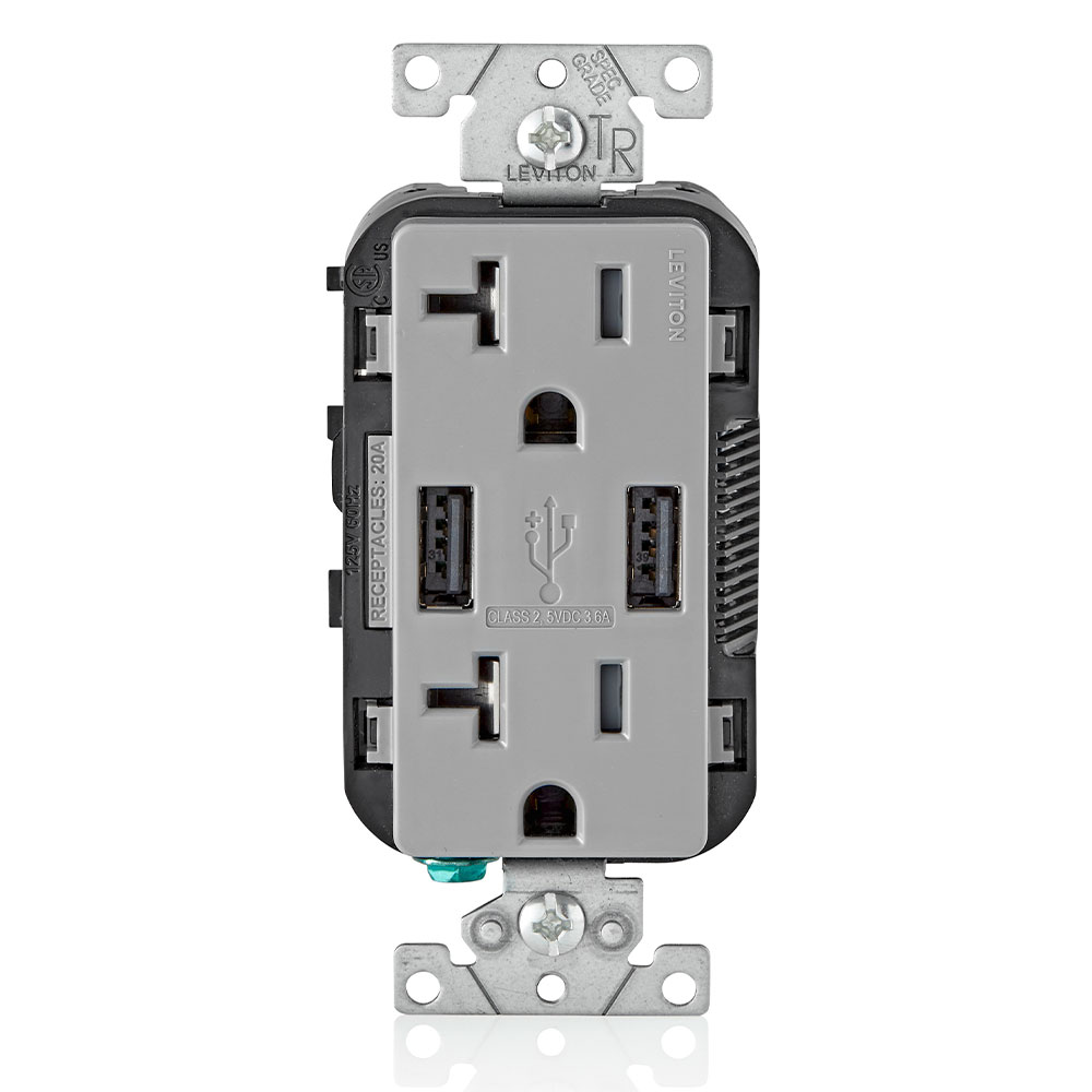 Product image for 3.6A USB Type-A/Type-A Wall Outlet Charger with 20A Tamper-Resistant Receptacles